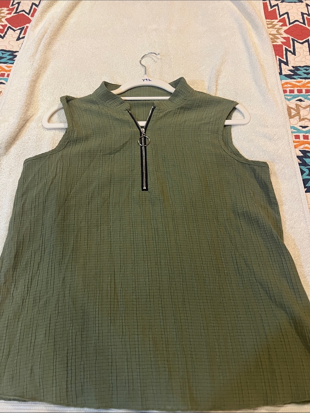 Women tops Sleeveless Olive Green Zip-Front Mock Neck Top
